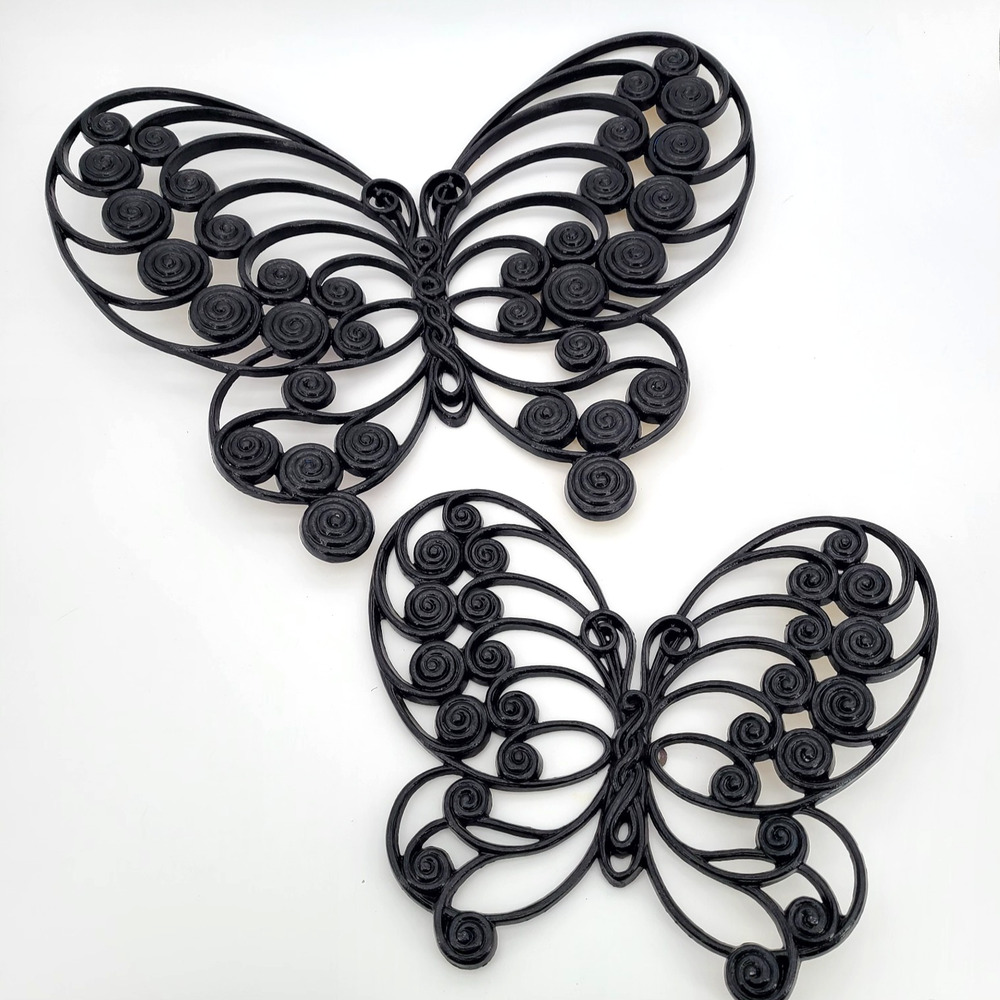 Vintage 1975 Set 2 Burwood Butterfly Faux Rattan Wicker Wall Decor Black 19" 13"